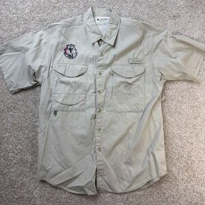 Vintage 90s Columbia Shirt Mens Medium Beige Fishing Short Sleeve Button Up